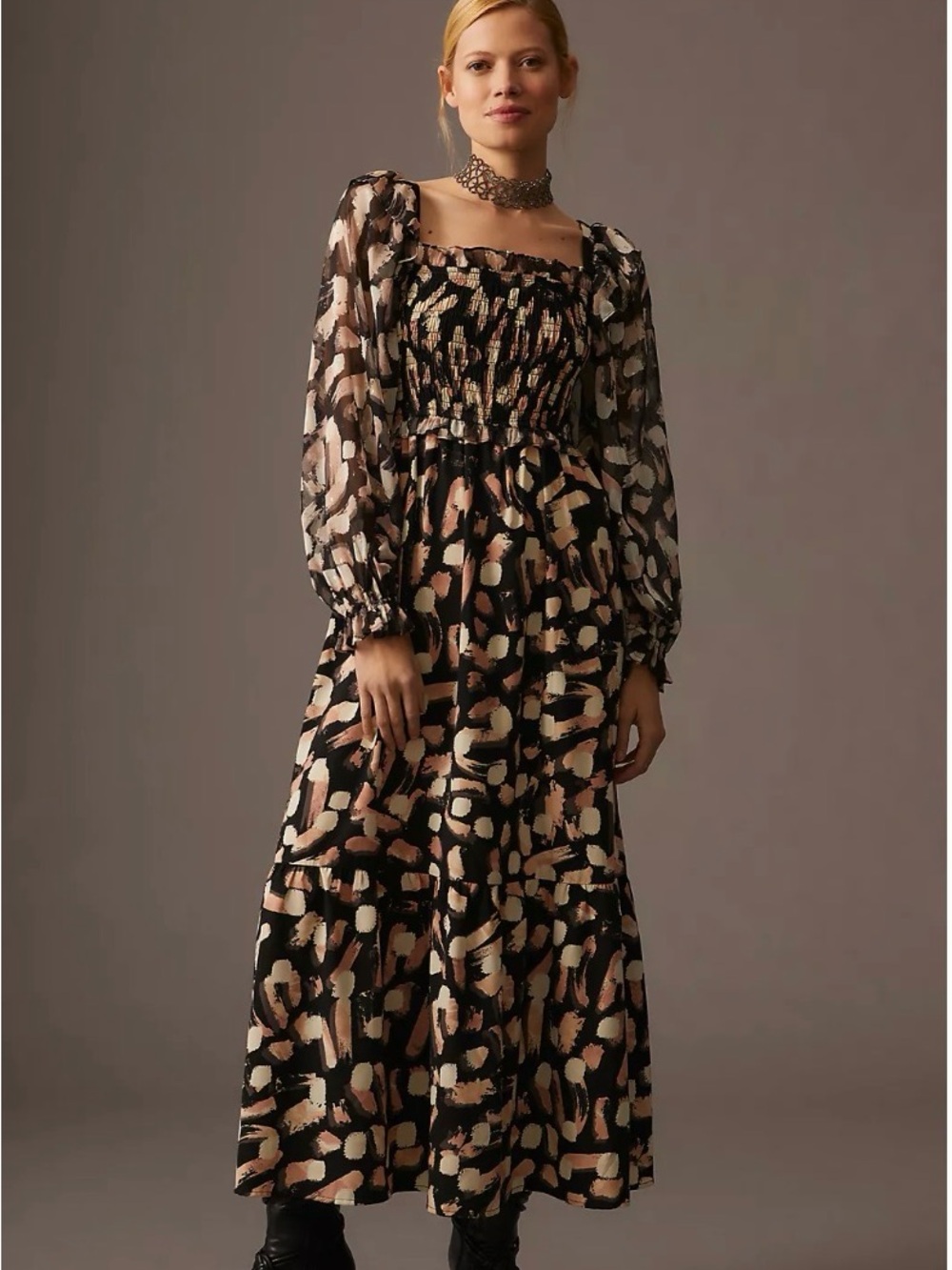Anthropologie Moon River Smocked Square-Neck Dress